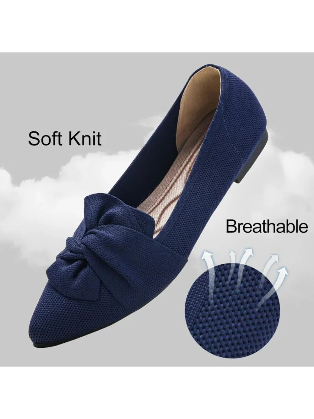 Women's Navy Pointed Toe Ballet Flats with Bow Comfortable Knit Dressy Shoes